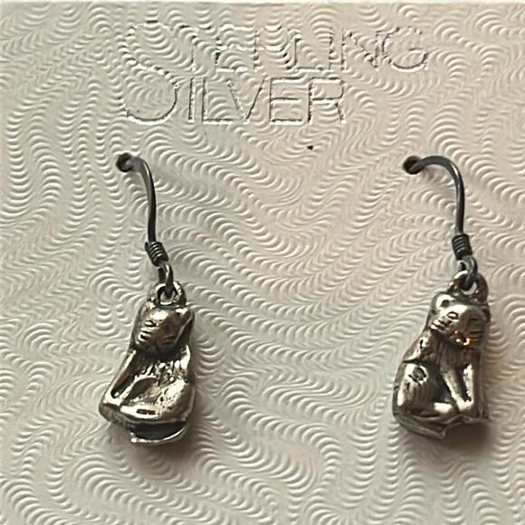 Vintage-New Sterling Silver Cat Earrings - Happy Unique & Fun Y2K - Picture 2 of 3